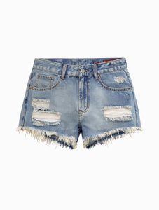 Shorts en jean déchiré pour femme, taille haute, ourlet effiloché, coupe droite, décontracté, lavable, couleur unie - Product Image 1