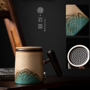 Ceramic <b>Tea</b> <b>Mug</b> With Lid And Filter Kiln Fired Yellow Mountain Design Wooden Handle <b>For</b> Home Office Gift Use - Product Image 4