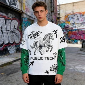 เสื้อยืดแขนยาวสองชั้นพิมพ์ลายกราฟฟิตีสีสันตัดกันสไตล์สตรีทระดับไฮเอนด์แบบดิจิทัลสำหรับผู้ชาย รับผลิตตามแบบ OEM - Product Image 3