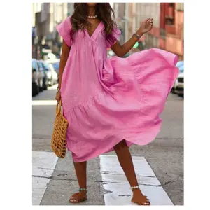 Summer Sundress V-neck Sweet Beach Dress A-line Loose Casual Women Elegant Short Sleeveless Bohemian Dress