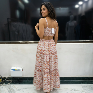 Conjunto de Dos Piezas con Estampado Floral, Top Corto con Cuello Cuadrado, Falda Maxi Línea A, Vestido de Verano sin Mangas, Informal, Transpirable, Tela de Algodón - Product Image 3