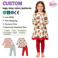 Vêtements pour filles en fibre de bambou, motifs de Noël, ensembles pour bébés, tenue de Noël personnalisée pour filles, robe à volants à manches longues imprimée
