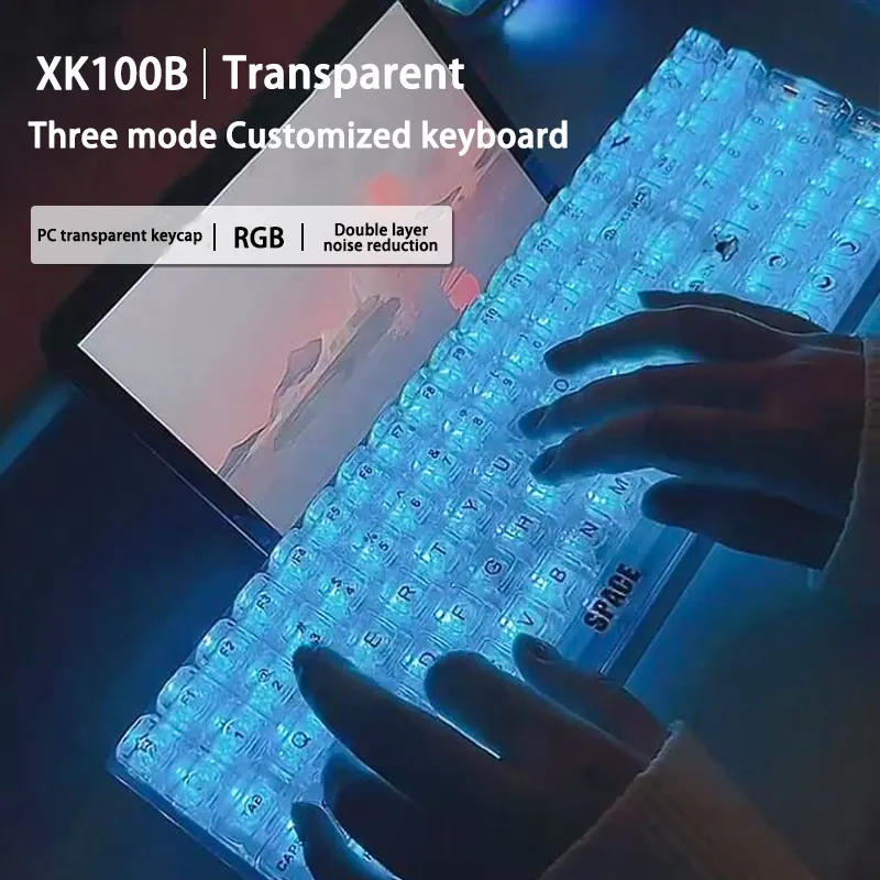 XK100B Keyboard permainan, profesional 100 kunci LED Backlit mekanis kabel USB 75 persen pengisi daya nirkabel Desktop Tipe C