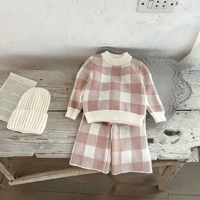 Ensemble de vêtements pour bébé en tricot à carreaux d'automne-hiver, pull décontracté neutre pour garçons et filles, pantalon, 2 pièces