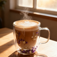 250ml 8OZ Tasse à café en verre résistant à la chaleur avec fleur sèche Tasse en verre à double paroi en borosilicate avec poignée
