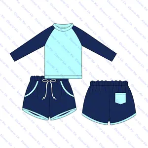Wholesale summer children kids boys swimming suits nylon spandex toddler baby swim shirt and trunk set