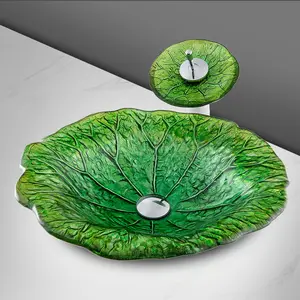 Light Luxury Green Tempered Glass Lotus Sink Counter Top Mounted Art Hand Wash Basins Glass Bathroom Sink With Waterfall Mixer