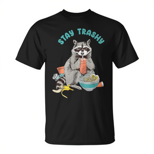 Camiseta Stay Trashy Raccoon para mujer, ropa informal negra con cuello redondo - Product Image 2