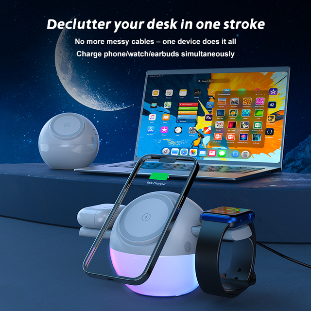 25W .2 3-in-1 Wireless Fast Charger Multifunctional Desktop Charger With Touch Rotating Night Light