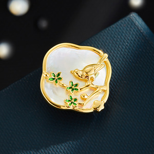 Floral And Bird Motif Magnetic Buckle Natural Seashell Gold Plated For Women Fashionable Clothing Accessory - Product Image 1