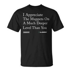Camiseta The Onion I Appreciate The Muppets On A Much Deeper Level Than You Commentary, negra, unisex, para adultos, manga corta, cuello redondo - Product Image 1