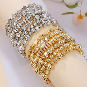 Irregular Geometric <b>Beaded</b> Elastic <b>Bracelet</b> Set Women's Party Jewelry 6 Piece Multi Layered Gold Silver Tone Fashion <b>Bracelets</b> - Product Image 1