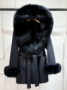 Áo khoác len pha mùa đông thời trang Janveny 2025 dành cho nữ, cỡ lớn, cổ và tay áo lông cáo thật tự nhiên, có mũ trùm đầu hai lớp, kiểu trench coat ngắn - Product Image 2