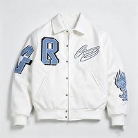 Nouvelle Arrivée 2026 – Blouson Bomber Unisexe à Revers avec Broderie Lettre R en Chenille et Motif Flamme Rose, Boutonné Blanc ODM