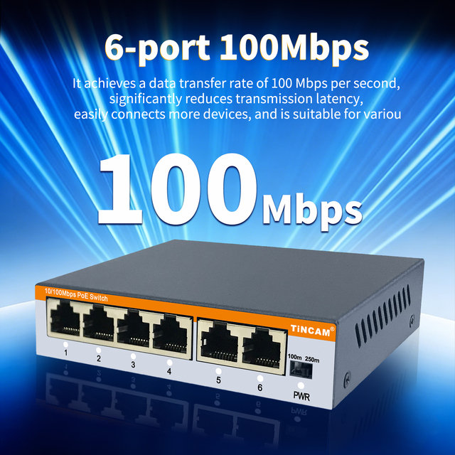 TINCAM Super Mini 4 Port 10/100M POE Switch 48V 100 Meters 2 RJ45 Uplink Small Size Extender 250m 802.3at PoE+ Switch for CCTV