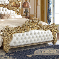 Lit King Size de Luxe au Design Français Classique, Cadre de Lit Élégant en Bois Massif Sculpté Doré, Taille Queen