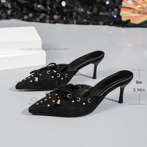 Sexy Bow Toe Slippers Summer New Arrival Elegant Rivet <b>Slip</b>-on Mid-heel <b>Half</b> Slippers for Women - Product Image 2