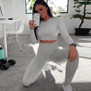 3PCS Active Wear Tights Ribbed Yoga <strong>Leggings</strong> Long Sleeve Workout Shirts and Activewear Sets <strong>for</strong> <strong>Women</strong> Yoga Suit - Product Image 6