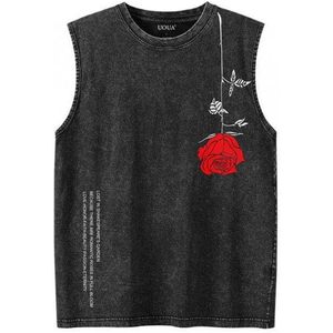FOXA Men's Washed Sleeveless Tank <b>Top</b> Cotton Embroidery <b>Rose</b> Print Streetwear Summer (S-2XL) - Product Image 1