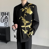 Blazer décontracté pour homme à col montant, broderie florale dorée asymétrique, coupe ample élégante, veste de costume de soirée formelle pour hommes