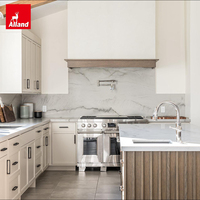 Armoire de cuisine murale design en bois massif Alland avec cuisinière intégrée au centre, organiseurs et rangements de cuisine, nouveau design