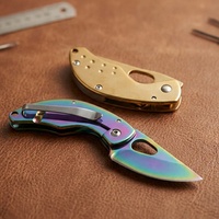 Couteau pliant de poche EDC F87 mini avec lame arc-en-ciel dorée, système Line Lock, porte-clés et pince à billets, pour l'extérieur et comme cadeau, vente en gros pour petites commandes