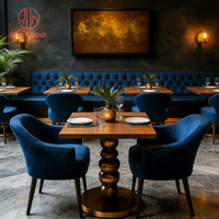 Muebles de Lujo Modernos para Restaurante Comercial: Mesa de Acero y Madera, Sillas de Terciopelo Azul Rey, Sofá y Asientos de Cabina