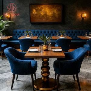 Muebles <span class=keywords><strong>de</strong></span> Lujo Modernos <span class=keywords><strong>para</strong></span> Restaurante Comercial: Mesa <span class=keywords><strong>de</strong></span> Acero y Madera, Sillas <span class=keywords><strong>de</strong></span> Terciopelo Azul Rey, Sofá y Asientos <span class=keywords><strong>de</strong></span> Cabina - Product Image 1