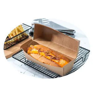 Brown Kraft Sustainable Hotdog Box Disposable Food Container Takeaway Hot Dog Tray Hot Dog Packaging Paper Box