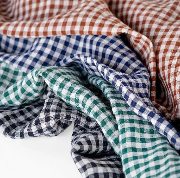 Enzymed stone washed french yarn dyed gingham check 100% linen fabric