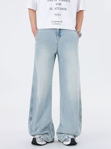 2025 verano americano hombres mujeres Casual sólido cimitarra azul claro lavado Jeans Pinch deconstruido pantalones de pierna ancha pantalones vaqueros sueltos - Product Image 5