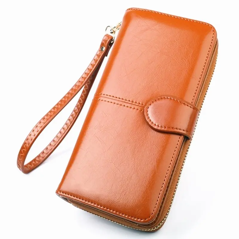 Wholesale ladies oiled pu leather vintage style fashionable long purse women zipper wallet for lady