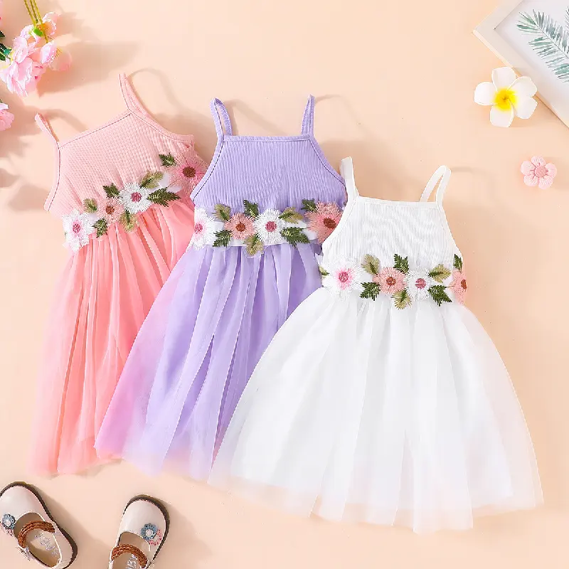 Novidade roupas infantis de alta qualidade sem mangas bordadas com flores gaze de duas camadas vestido de menina