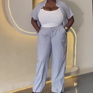 African Casual Women's Wear Striped Cardigan Short-Sleeve Shirt Long <b>Pants</b> 2-Piece Set Fashion - Product Image 1