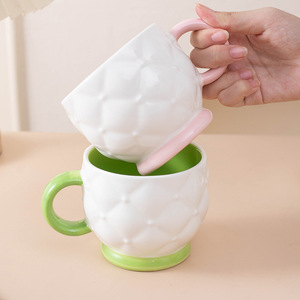 <b>Ceramic</b> Milk <b>Cup</b> With Handle Solid Color Embossed Design For Home Use Gift <b>Cup</b> - Product Image 4