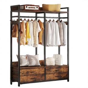 Industrial Freestanding Closet Organizer Heavy Duty Garment Rack with Wood Drawers and <b>Shelves</b> - Product Image 3