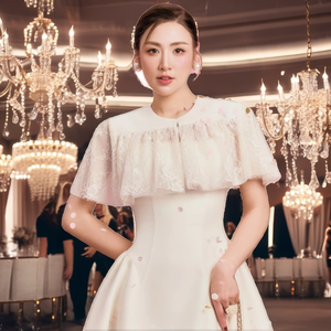 Elegant Milky <b>White</b> Lace Ball Gown Cape and Wide Strap Women's Dress <b>Set</b> | Velia <b>Set</b> for Formal Party Events | LAVIEM - Product Image 2