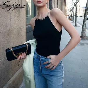 SFYS131 Women'S Clothing Vintage Round Neck Chain Diamond Vest Top Solid Color Ice Silk Slim Top Women'S Sexy Tank Tops