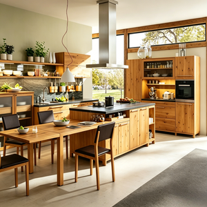 Meubles de cuisine modernes sur mesure BALOM, étagères flottantes en chêne noueux, plan de travail en pierre gris foncé, style naturel et organique - Product Image 1