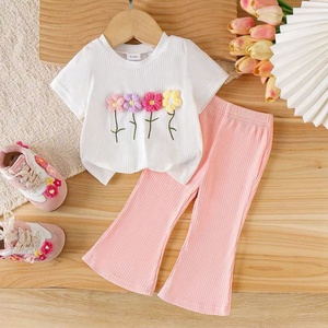 Conjunto de Dos Piezas para Niñas Pequeñas, <span class=keywords><strong>Ropa</strong></span> de Verano, Top de Manga Corta con Estampado Floral Tridimensional y Pantalones Acampanados - Product Image 1