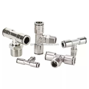 Té pneumatique en forme de T en laiton métallique <span class=keywords><strong>PB</strong></span> Joint à filetage moyen Raccords de tuyau d'air rapide plaqués nickel à une touche Connecteur de tube enfichable - Product Image 4
