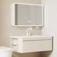 Meuble-lavabo de salle de bain flottant moderne, armoire en aluminium alvéolé avec vasque intégrée en céramique, miroir LED intelligent arrondi