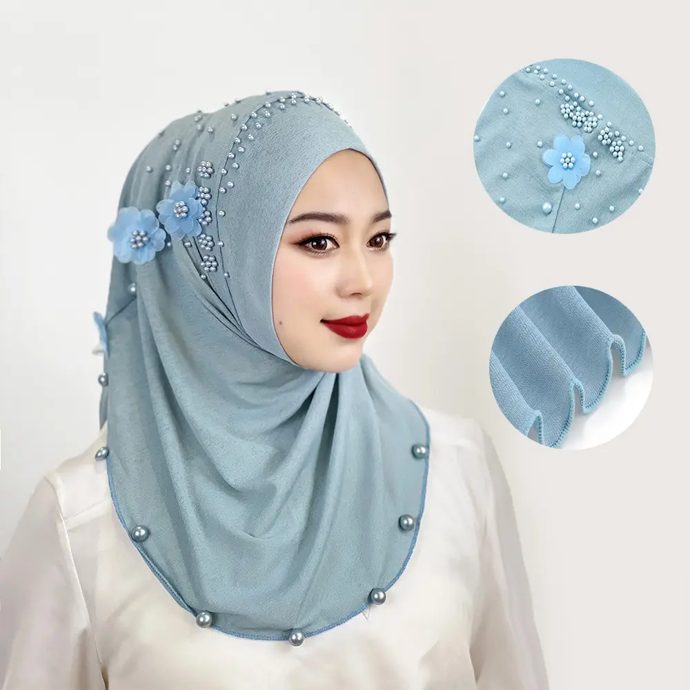 Best seller Beaded Studded Flower Shawl Elastic Solid Color Sunscreen Shade Hundred Fashion Lady Malay Women scarf Muslim hijab