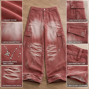 Pantaloni Cargo Larghi da Uomo Rossi Lavati con Strass, Effetto Acido, Multitasche, Gamba Larga, Stile Streetwear, Personalizzabili, Vendita all'Ingrosso - Product Image 3