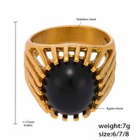Bague personnalisée en acier inoxydable 316L pour femme, avec pierre noire ovale cabochon, motif soleil doré ajouré, design cage, bijoux