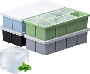Bandeja de silicona premium antiderrames para cubitos de hielo con tapa - Molde cuadrado grande de 8 cavidades reutilizable y a prueba de fugas para cubitos de hielo grandes y transparentes - Product Image 1