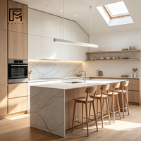 Meubles de cuisine sur mesure en bois massif en forme de L de la marque MARFA, îlot en cascade, four encastré, étagères ouvertes pour villa et appartement