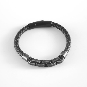 Men's <b>Leather</b> Woven <b>Bracelet</b> Black Stainless Steel Chain 7.5 8.5 9 Inches Everyday Wear Geometric Design - Product Image 3