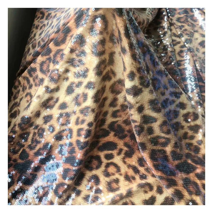 New Arrival Stretch Filament Yarn Fabric Animal Leopard Print 5MM Sequin Embroider Fabric For Garment