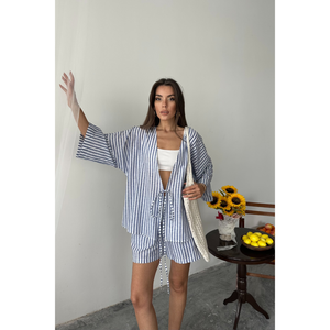 Conjunto de 2 Piezas de Túnica y Pantalones Cortos a Rayas Azul Marino, Corte Ajustado por Encima de la Rodilla, Ropa de Verano, Talla XL - Product Image 2